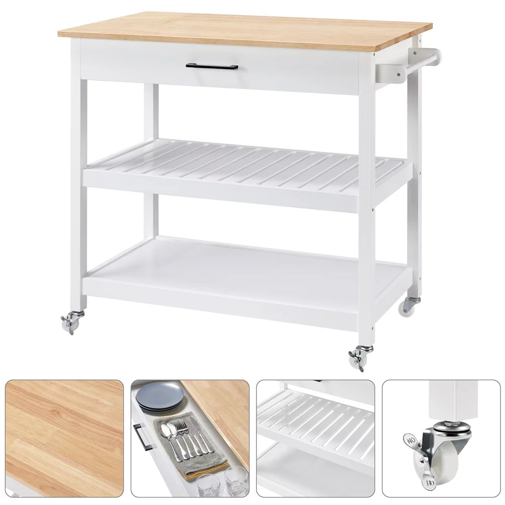 White Kitchen Island Cart with Wheels Storage Drawer O6910