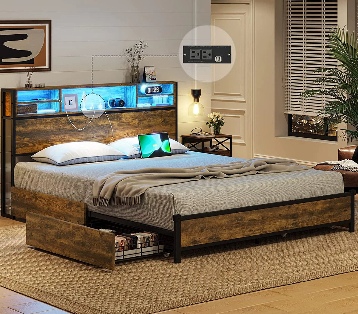 Queen Bed Frame with Headboard and Drawers N700