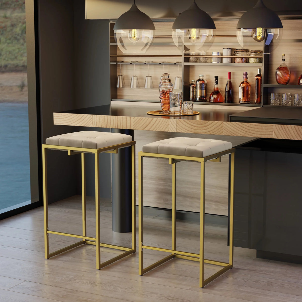 Velvet Tufted Bar Stool Set of 2 D1224