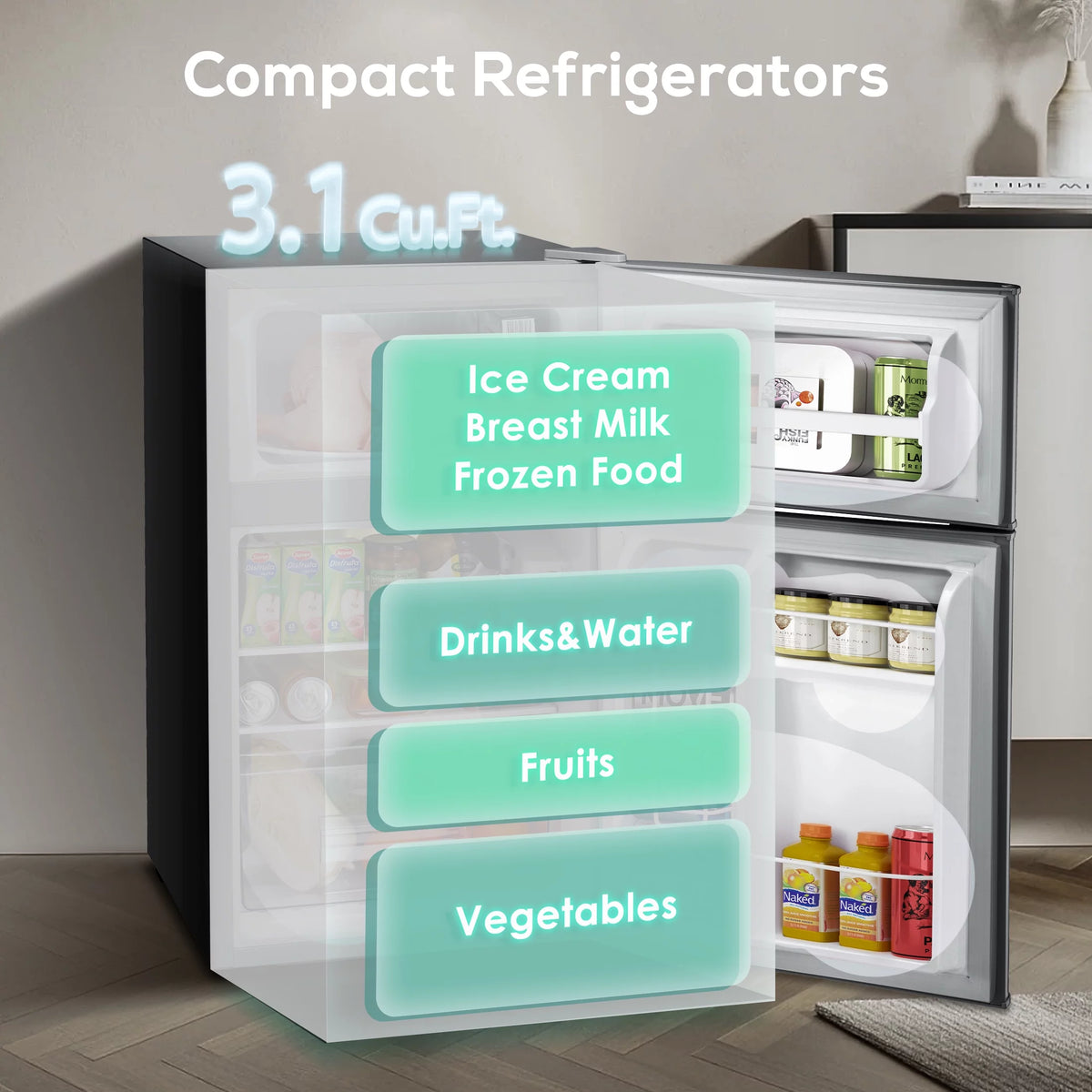 Mini Refrigerator 3.2Cu.Ft Compact Fridge 2-Double Doors with a Freezer X818992