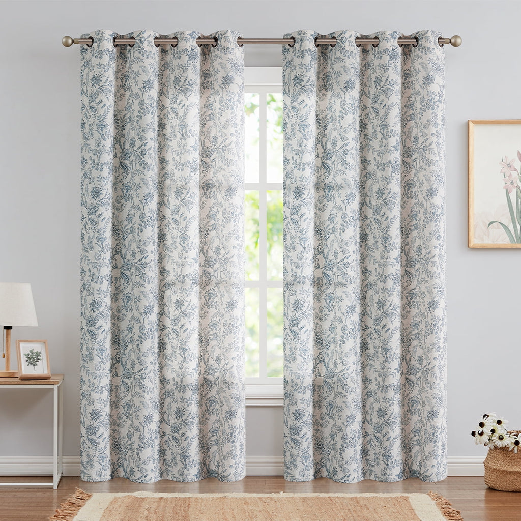 Floral Linen Semi Sheer Curtains 84 inch 2 Panels Blue on Beige N188475