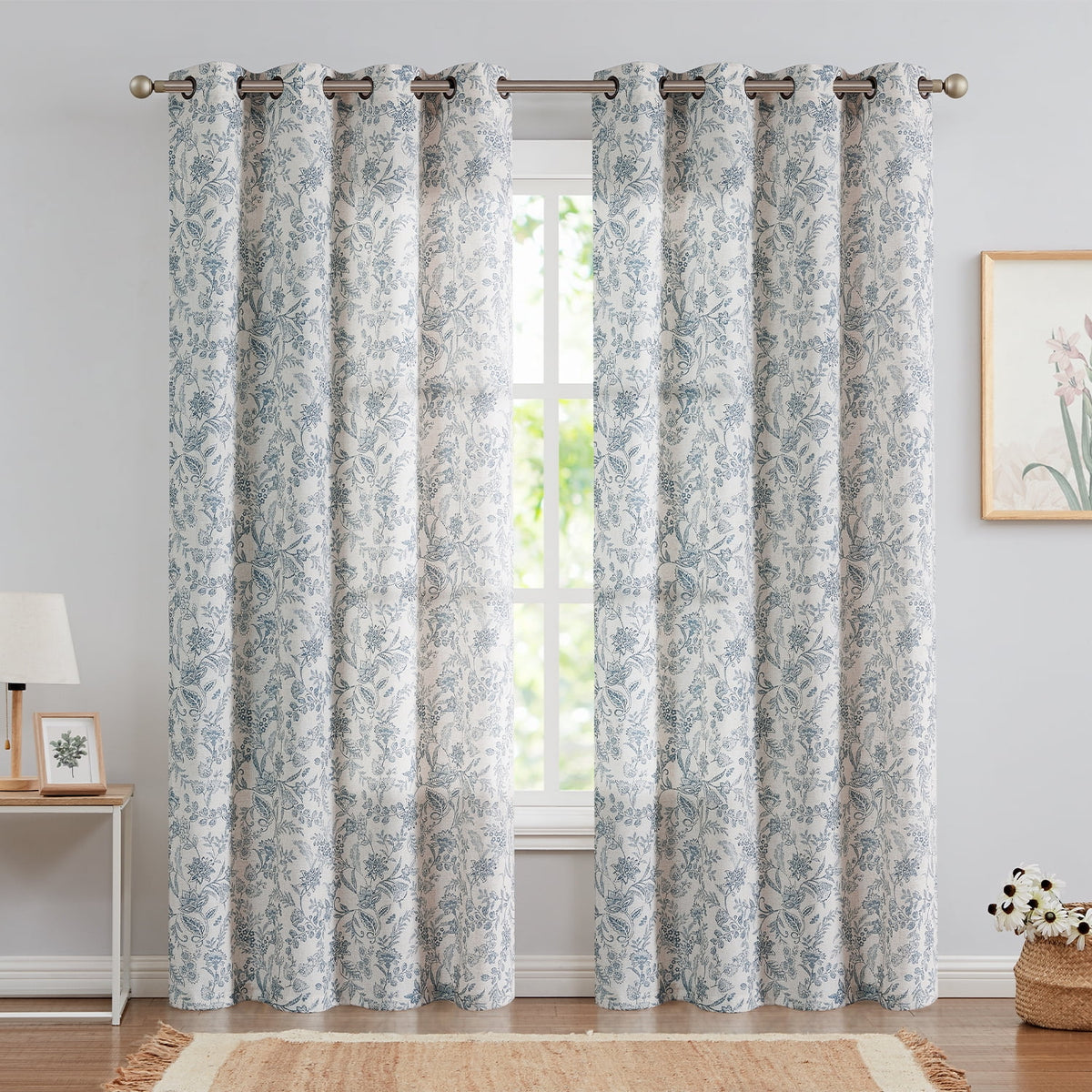 Floral Linen Semi Sheer Curtains 84 inch 2 Panels Blue on Beige N188475
